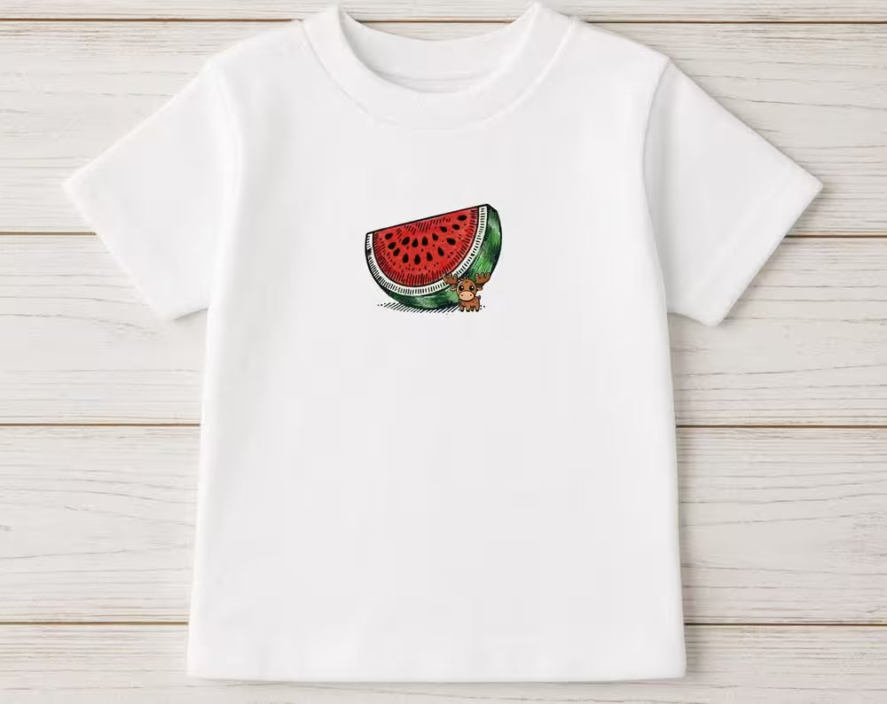 White T-shirt with watermelon & fox Moosi & Doodles Home Page