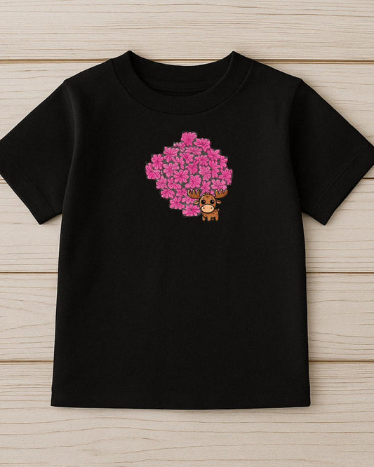 Child wearing Moosi’s Flower Patch Tee, soft cotton cute kids shirt with playful flower doodles