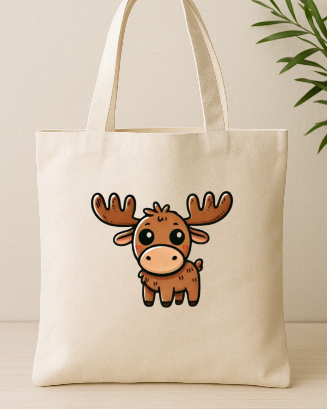 Cute Moose canvas tote bag by Moosi&Doodles – hand-drawn moose design, front view