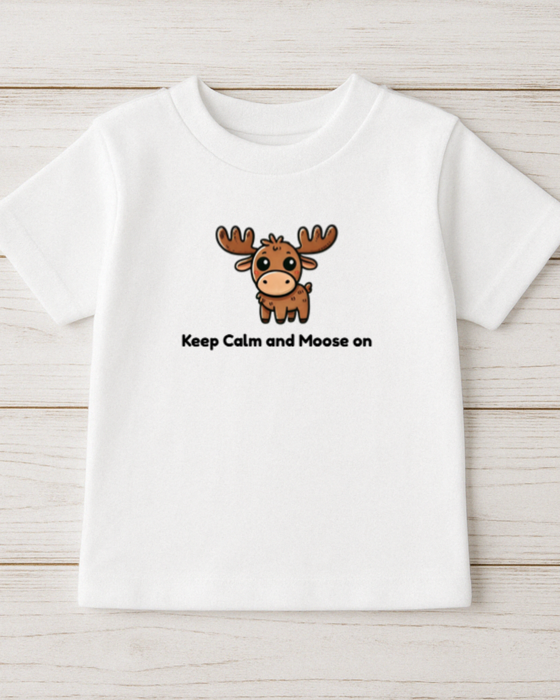 Kids’ white t-shirt with cute moose doodle and text “Keep Calm and Moose On” – front view