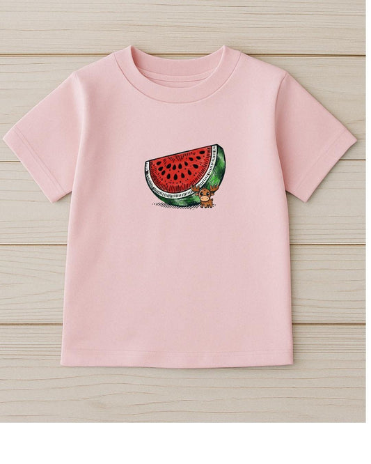 Closeup of watermelon doodle design on Moosi’s Melon Mood Tee – artistic kids clothing