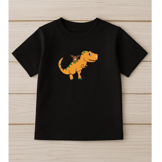 Child wearing whimsical Dino & Moose kids doodle t-shirt in soft cotton