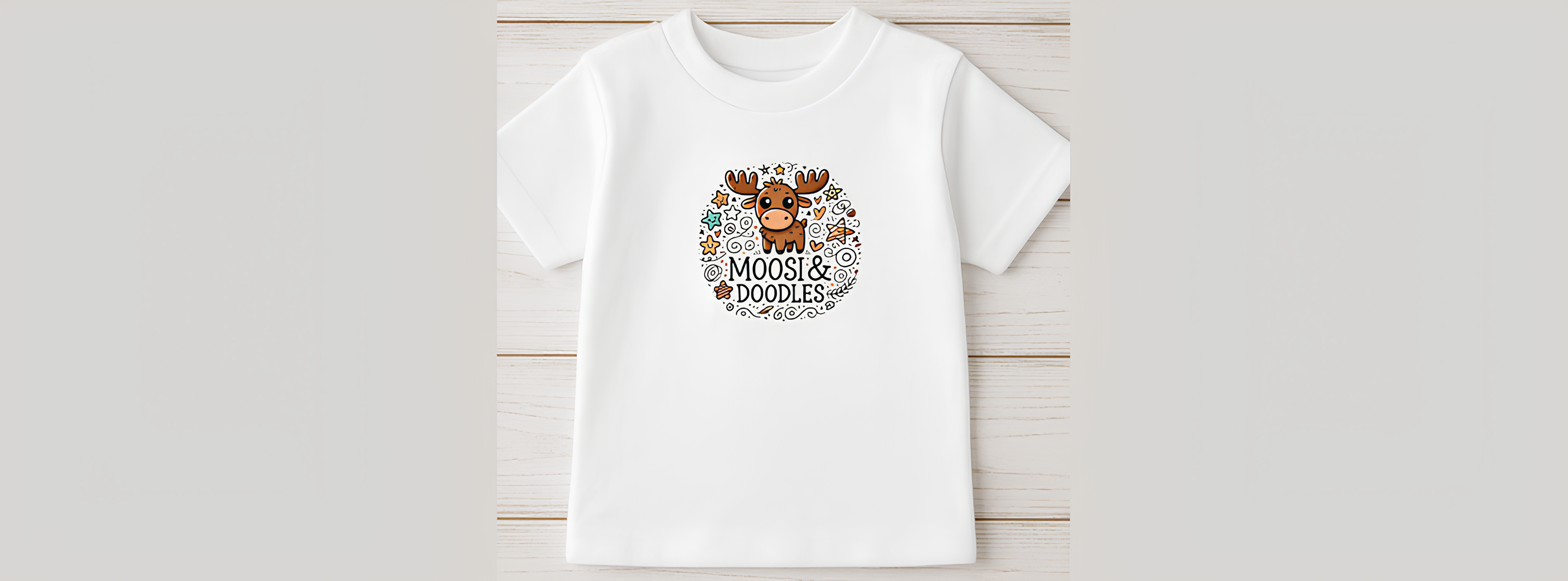White t-shirt with a colorful graphic design on a wooden surface
