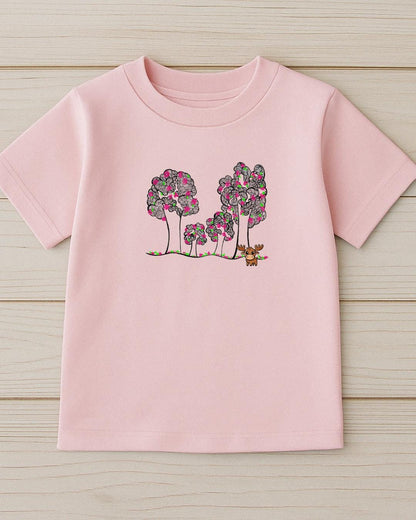 Child wearing Moosi in the Park Doodle Tee, whimsical kids shirt with playful tree doodle artwork