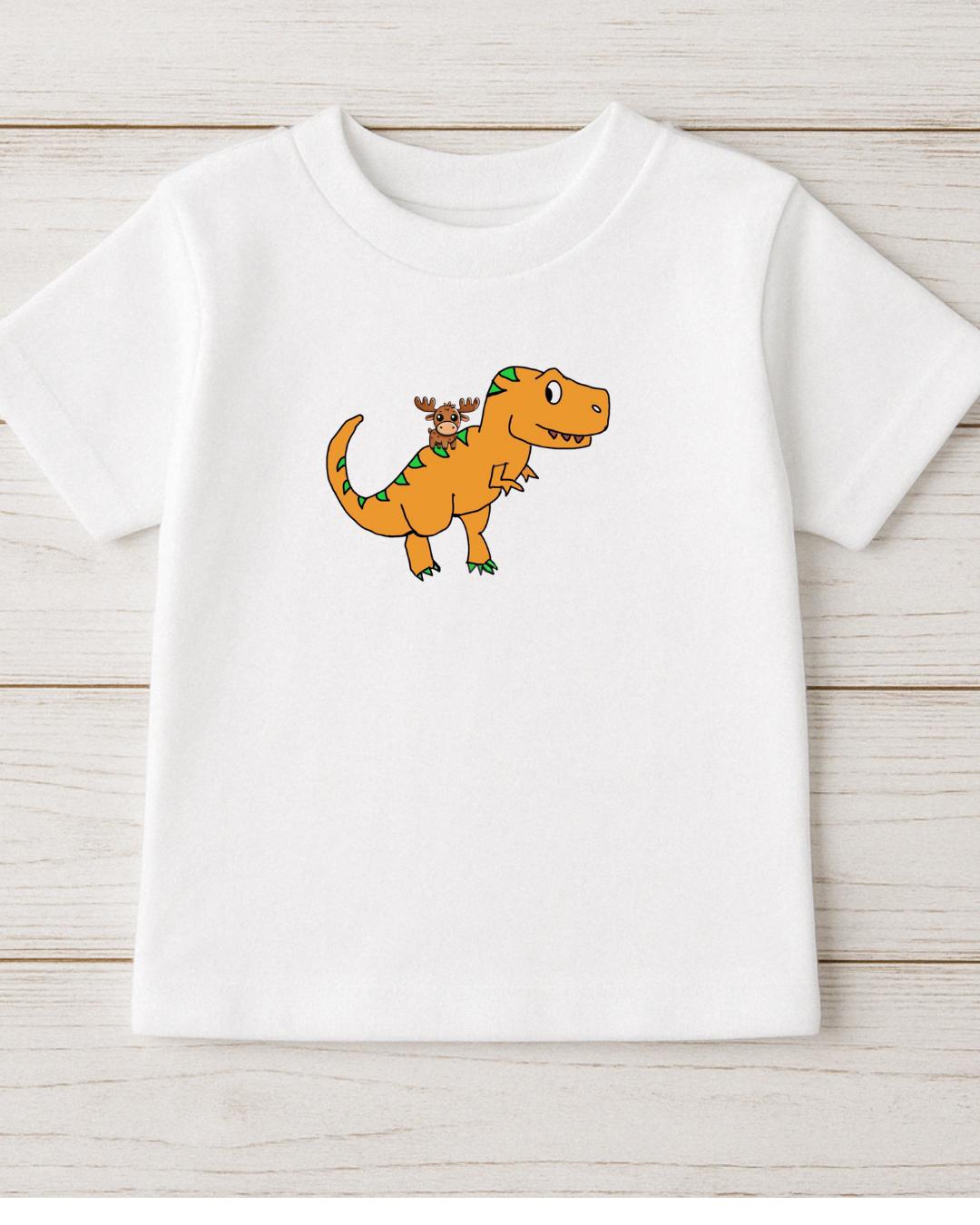 Kids doodle t-shirt with whimsical Dino and Moose design – front view