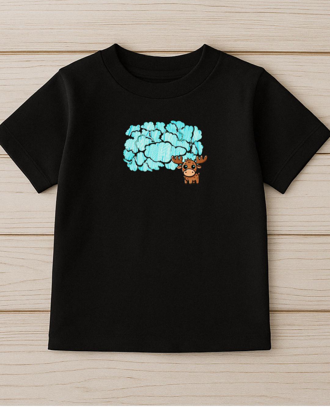 Closeup of one-of-a-kind doodles cloud print on Moosi in the Clouds Tee