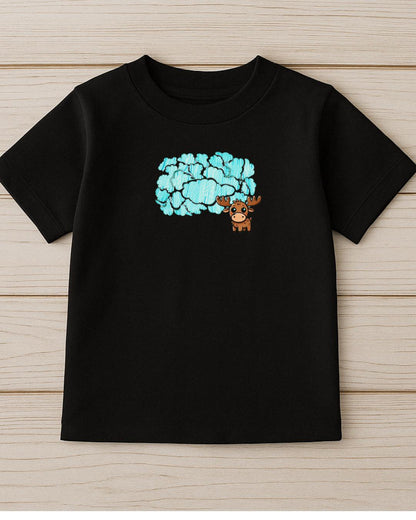 Closeup of one-of-a-kind doodles cloud print on Moosi in the Clouds Tee