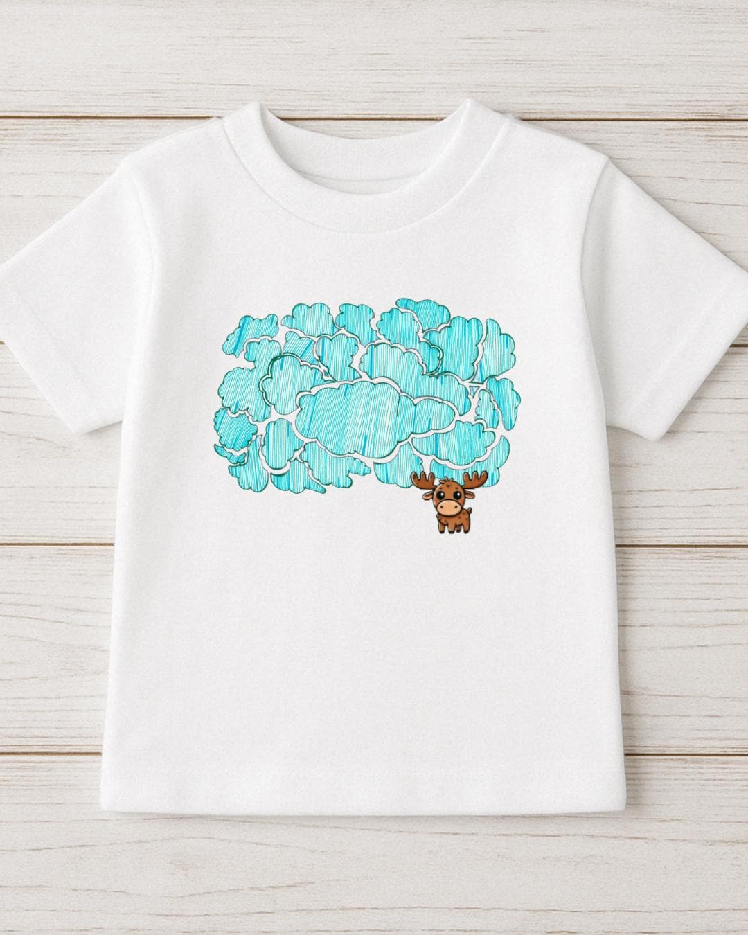Front view of Moosi in the Clouds Tee with one-of-a-kind doodles design
