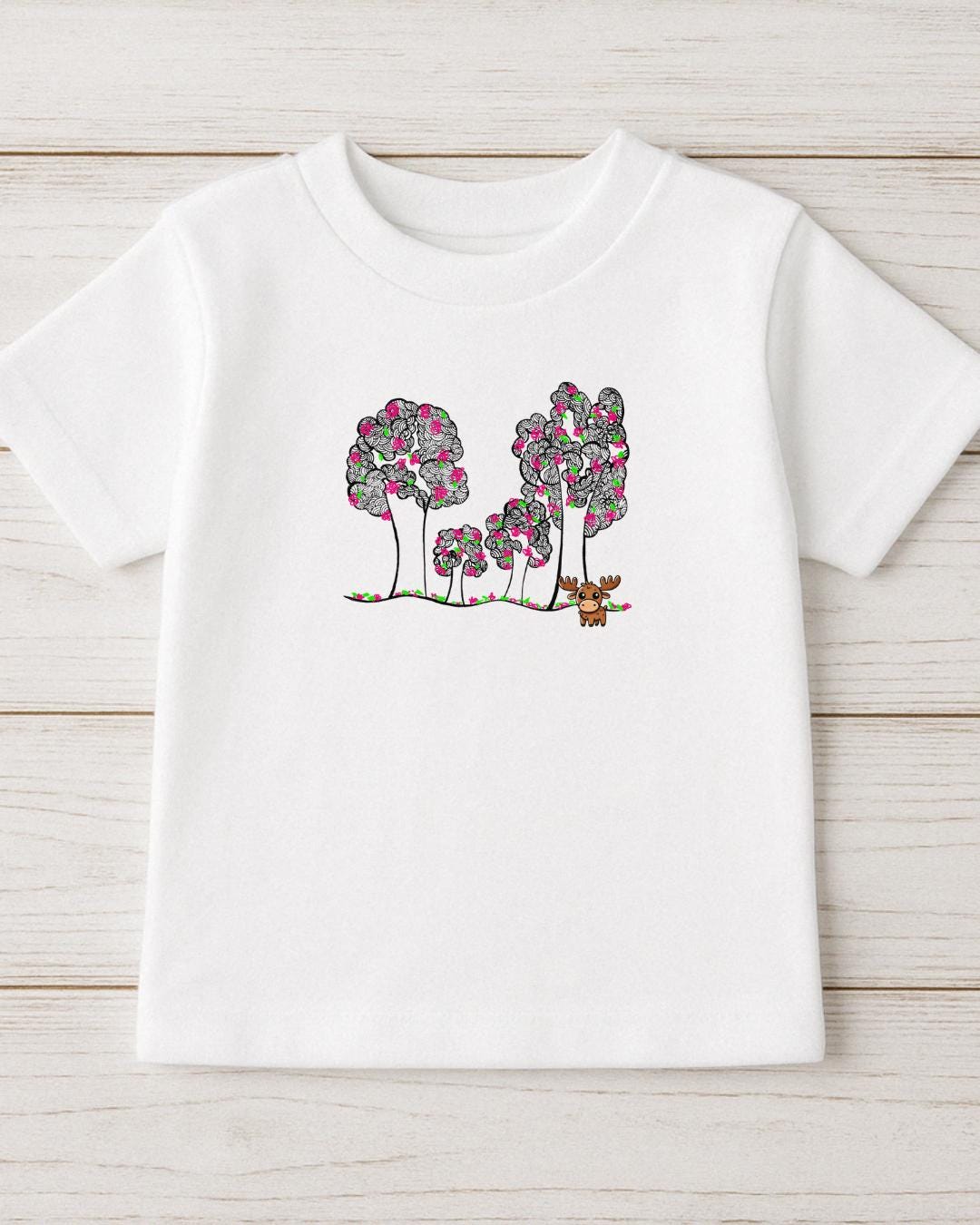Moosi in the Park Doodle Tee – kids cotton shirt with whimsical tree doodle design, front vi