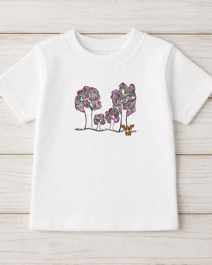 Moosi in the Park Doodle Tee – kids cotton shirt with whimsical tree doodle design, front vi