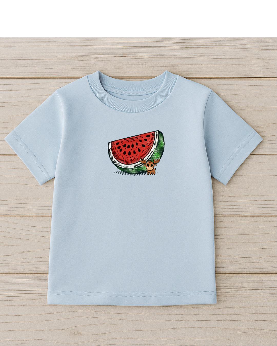Child wearing Moosi’s Melon Mood Tee outdoors – playful doodle inspired kids shirt