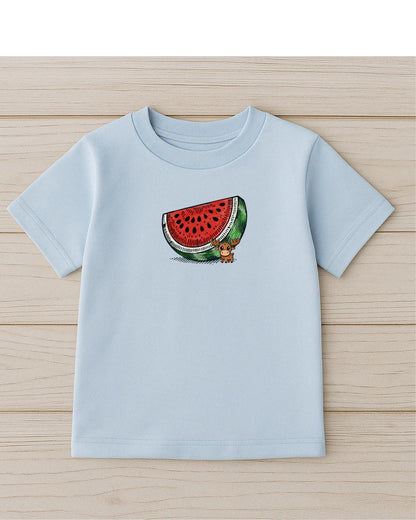 Child wearing Moosi’s Melon Mood Tee outdoors – playful doodle inspired kids shirt