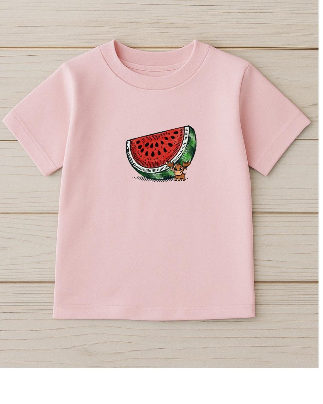 Closeup of watermelon doodle design on Moosi’s Melon Mood Tee – artistic kids clothing